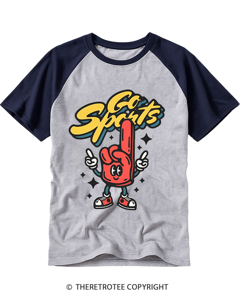 TheRetroTee Funny Go Sports Foam Finger  1990s Raglan Baseball T-Shirt