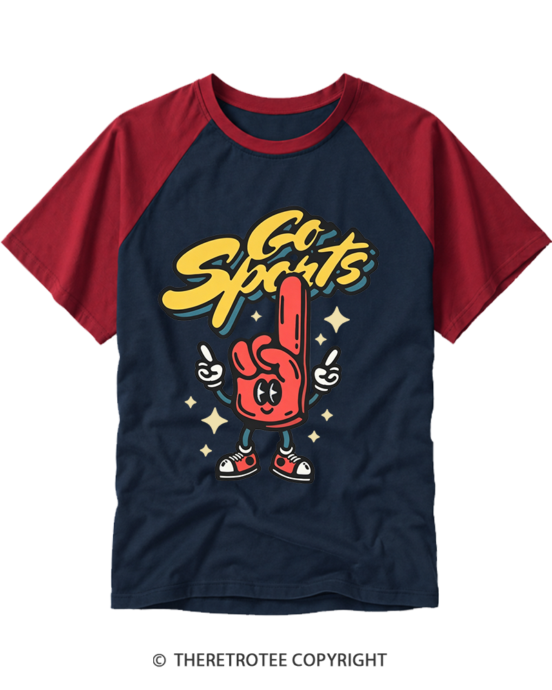 TheRetroTee Funny Go Sports Foam Finger  1990s Raglan Baseball T-Shirt
