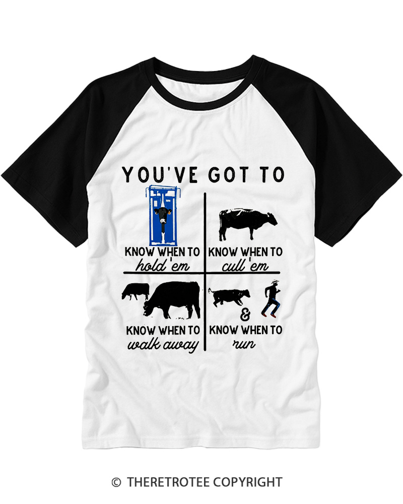 TheRetroTee Know When to Hold 'Em Cow 1980s Raglan Baseball T-Shirt