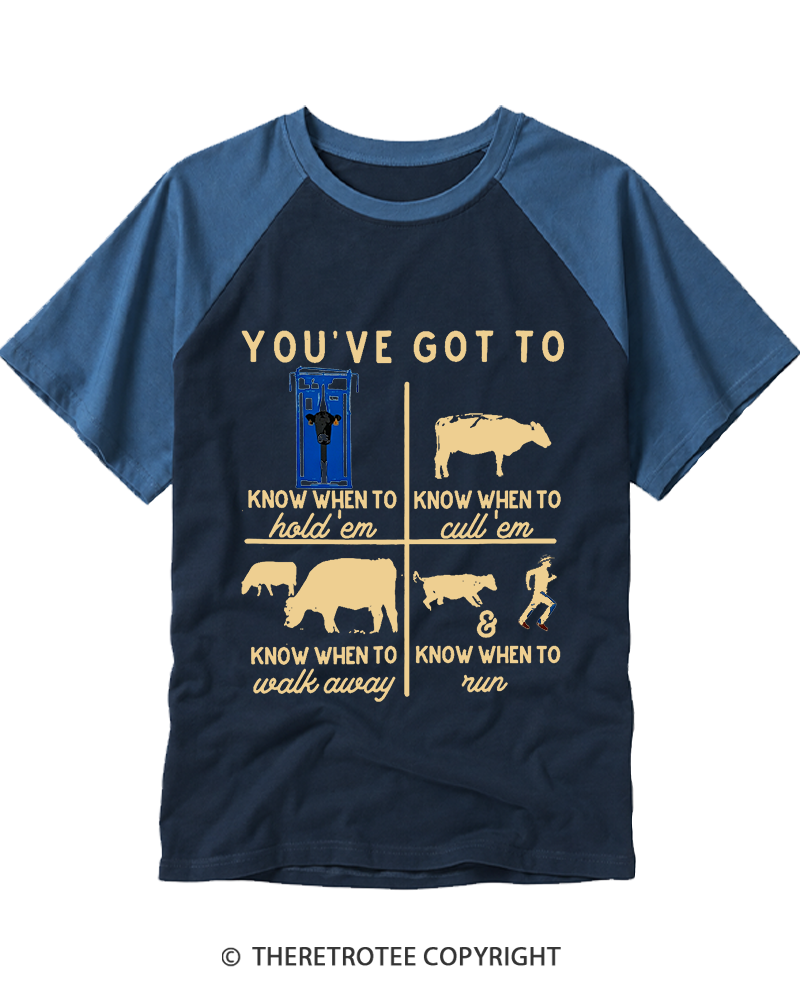 TheRetroTee Know When to Hold 'Em Cow 1980s Raglan Baseball T-Shirt