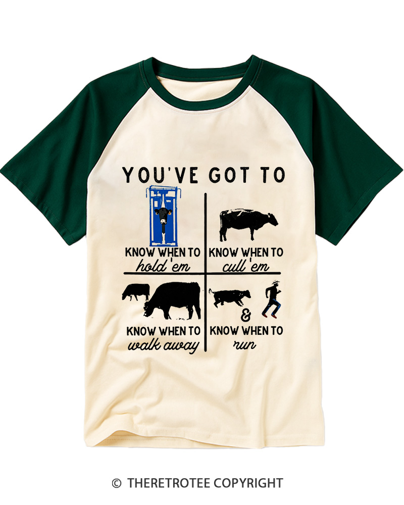 TheRetroTee Know When to Hold 'Em Cow 1980s Raglan Baseball T-Shirt