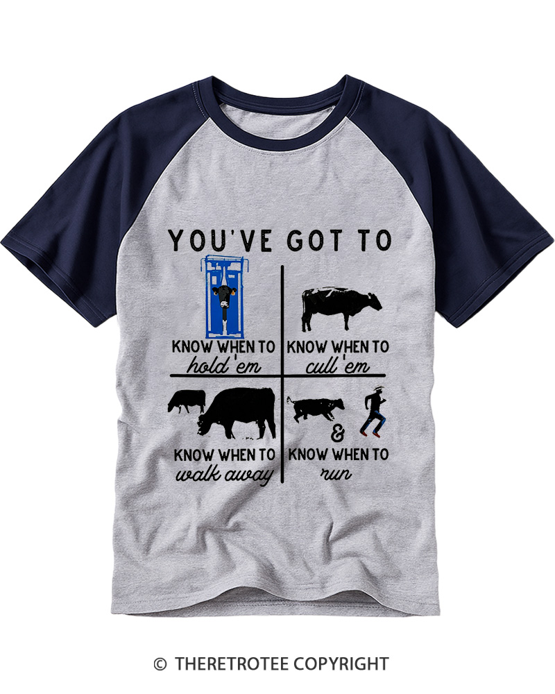 TheRetroTee Know When to Hold 'Em Cow 1980s Raglan Baseball T-Shirt