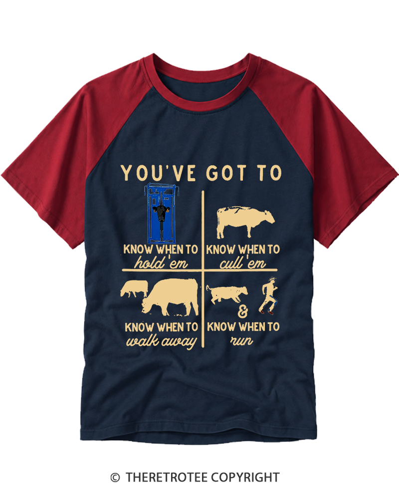 TheRetroTee Know When to Hold 'Em Cow 1980s Raglan Baseball T-Shirt