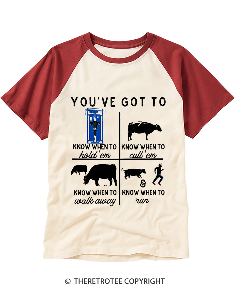 TheRetroTee Know When to Hold 'Em Cow 1980s Raglan Baseball T-Shirt
