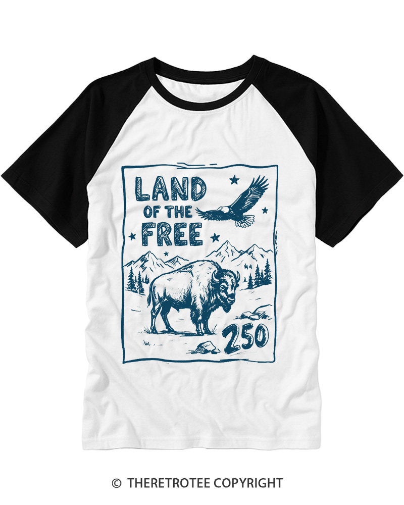 TheRetroTee Land of The Free 250 1776 Raglan Baseball T-Shirt