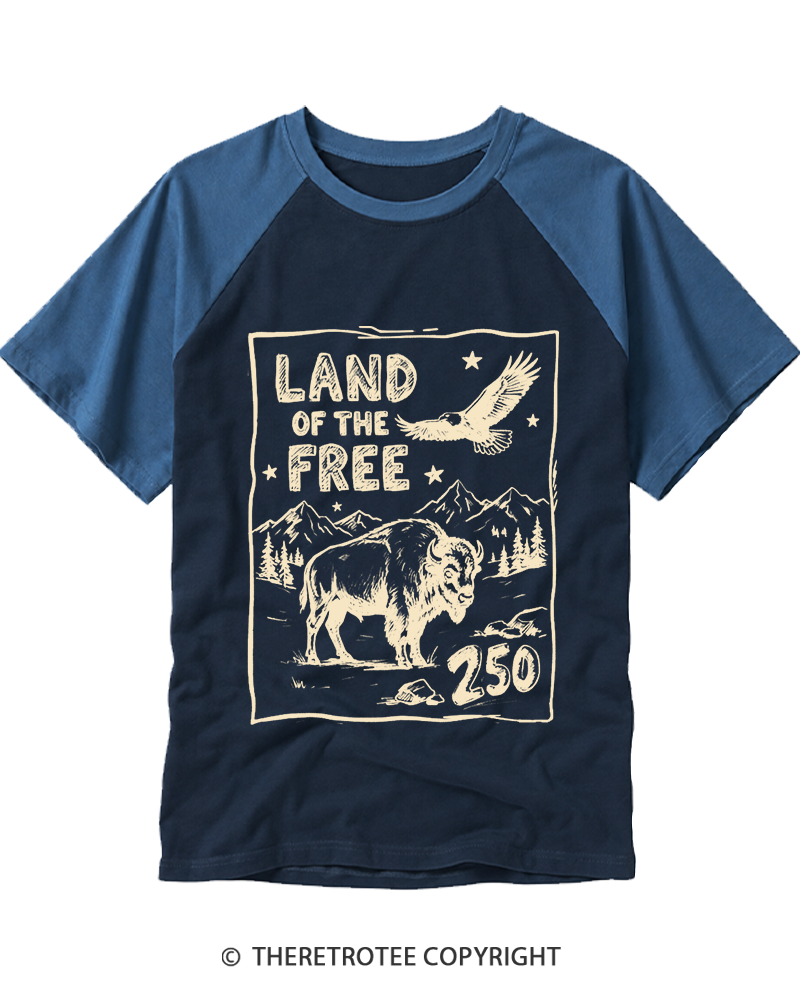 TheRetroTee Land of The Free 250 1776 Raglan Baseball T-Shirt