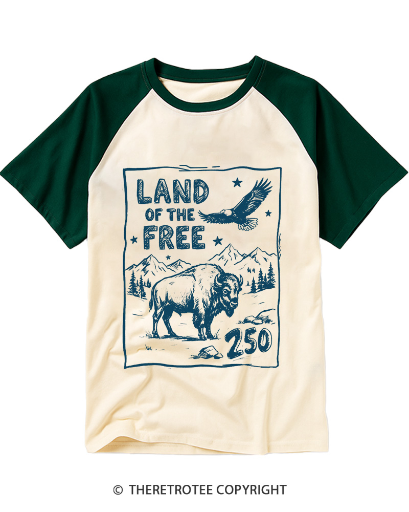 TheRetroTee Land of The Free 250 1776 Raglan Baseball T-Shirt