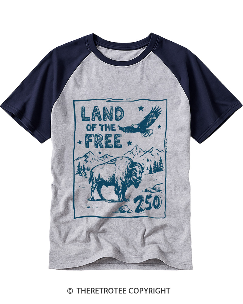 TheRetroTee Land of The Free 250 1776 Raglan Baseball T-Shirt