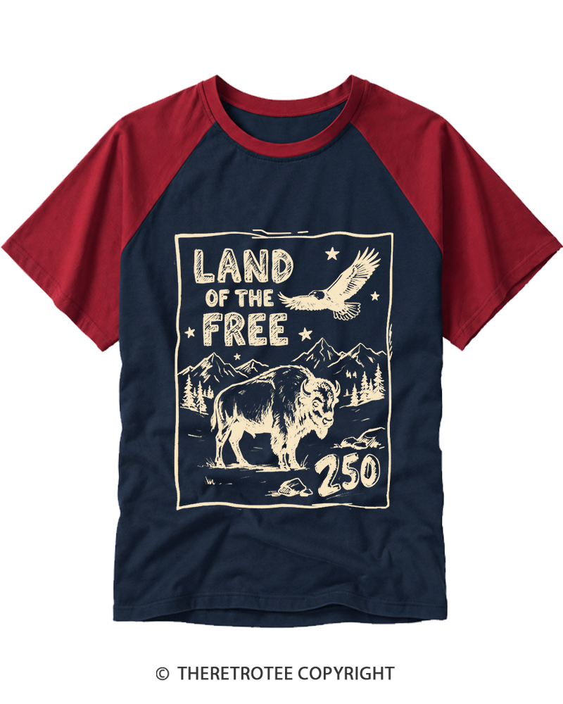 TheRetroTee Land of The Free 250 1776 Raglan Baseball T-Shirt