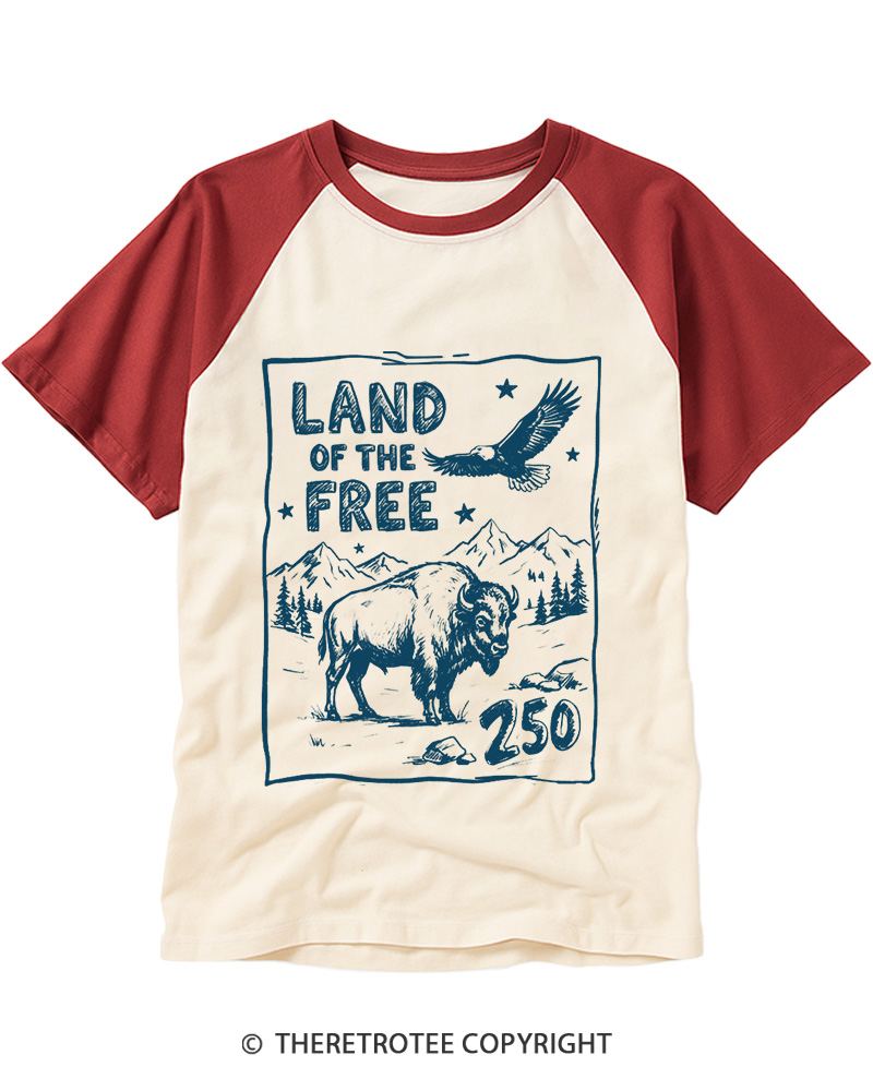 TheRetroTee Land of The Free 250 1776 Raglan Baseball T-Shirt