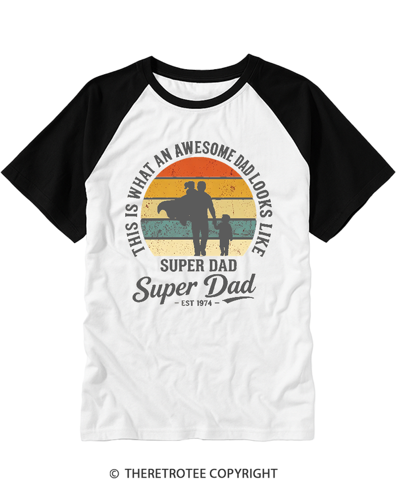 TheRetroTee Awesome Super Dad Est 1974 Retro Sunset Raglan Baseball T-Shirt