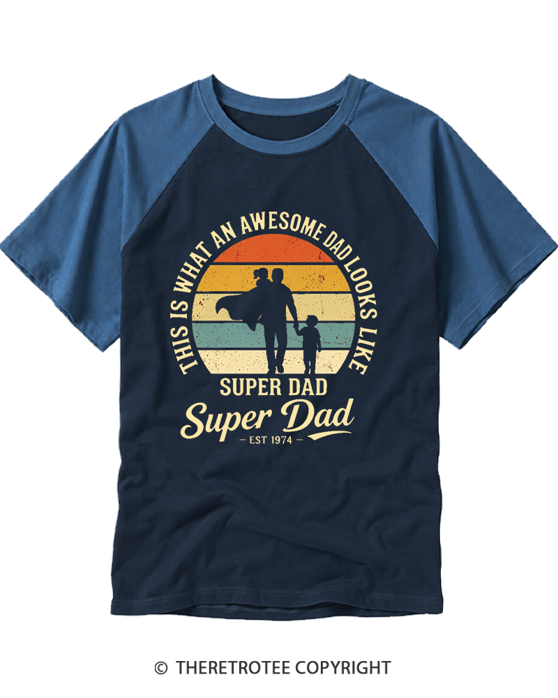 TheRetroTee Awesome Super Dad Est 1974 Retro Sunset Raglan Baseball T-Shirt