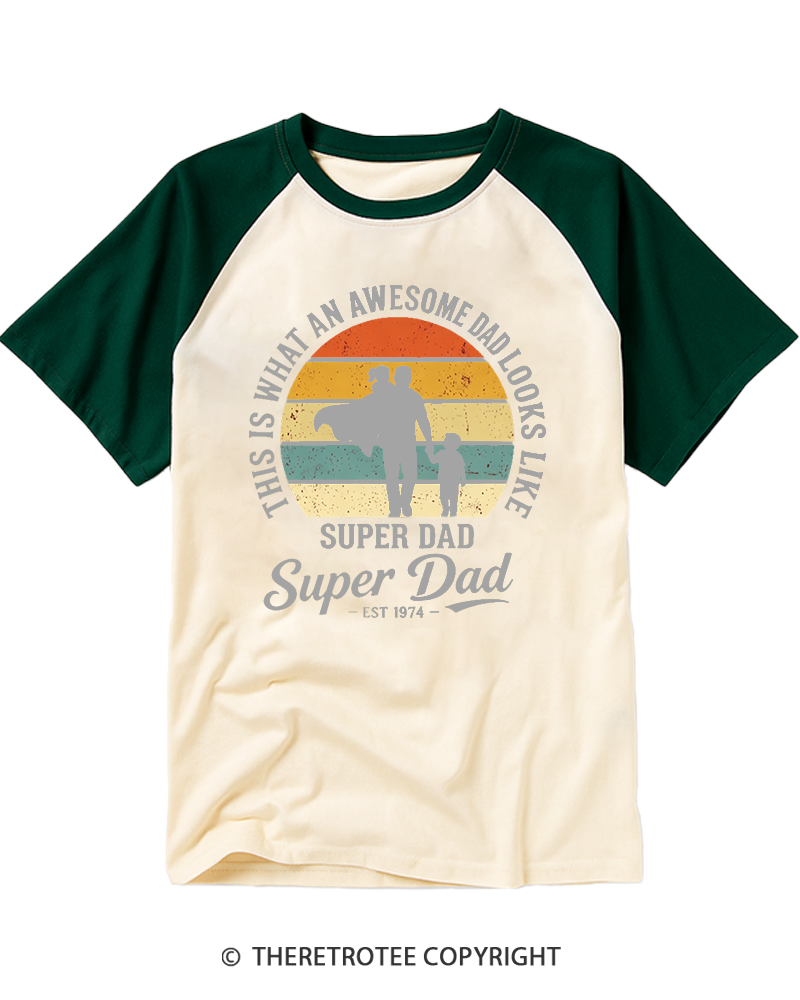 TheRetroTee Awesome Super Dad Est 1974 Retro Sunset Raglan Baseball T-Shirt