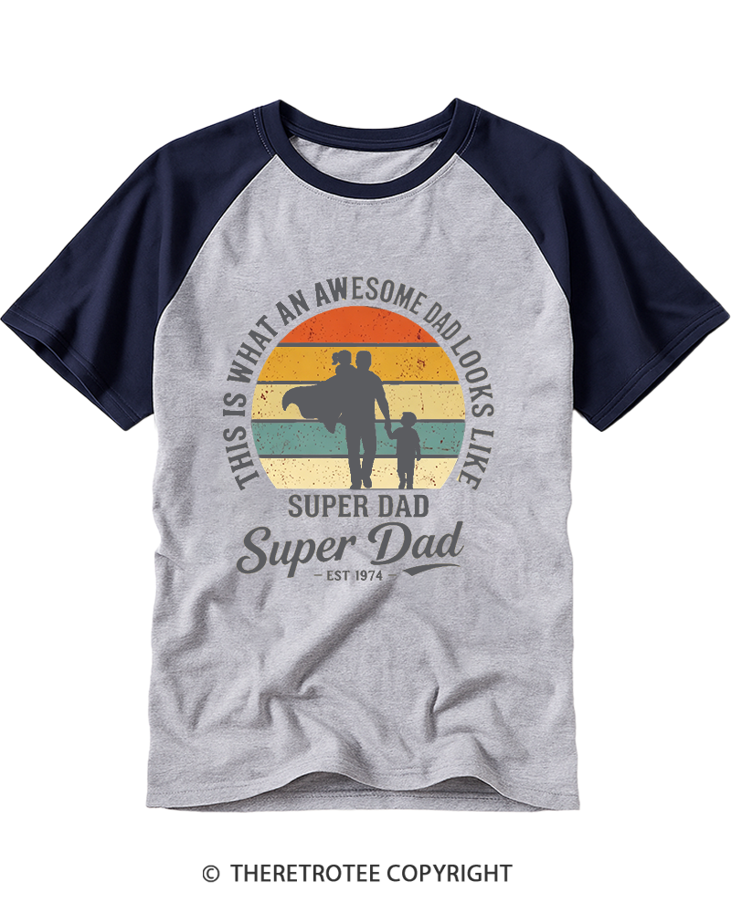 TheRetroTee Awesome Super Dad Est 1974 Retro Sunset Raglan Baseball T-Shirt