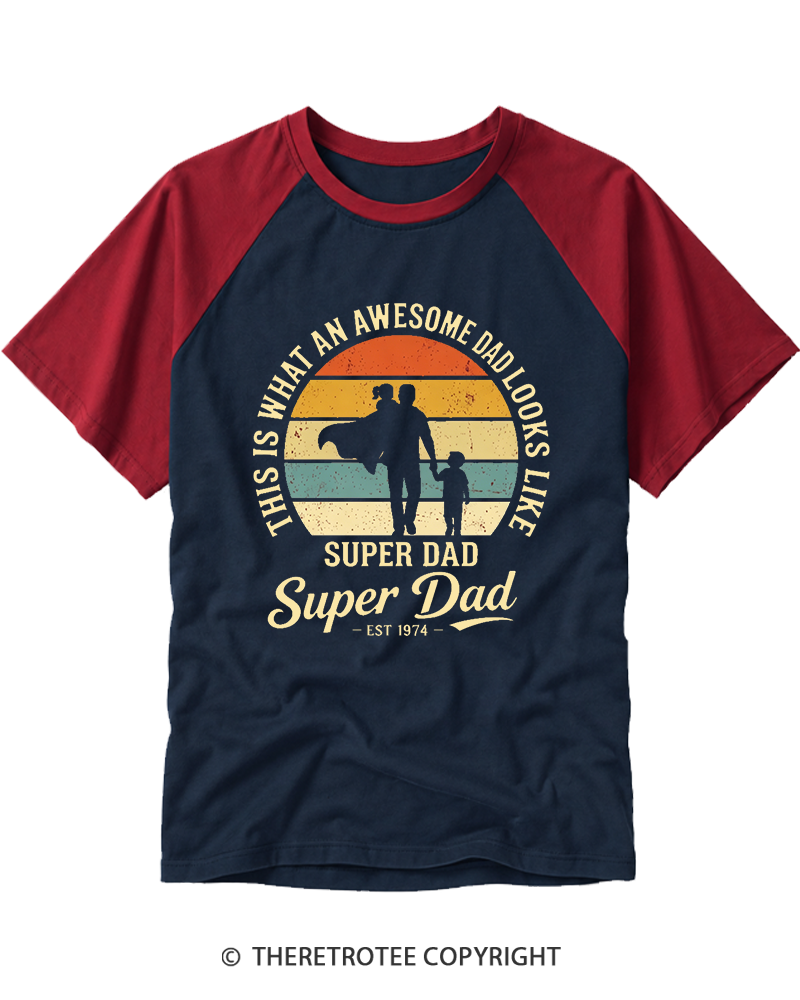 TheRetroTee Awesome Super Dad Est 1974 Retro Sunset Raglan Baseball T-Shirt