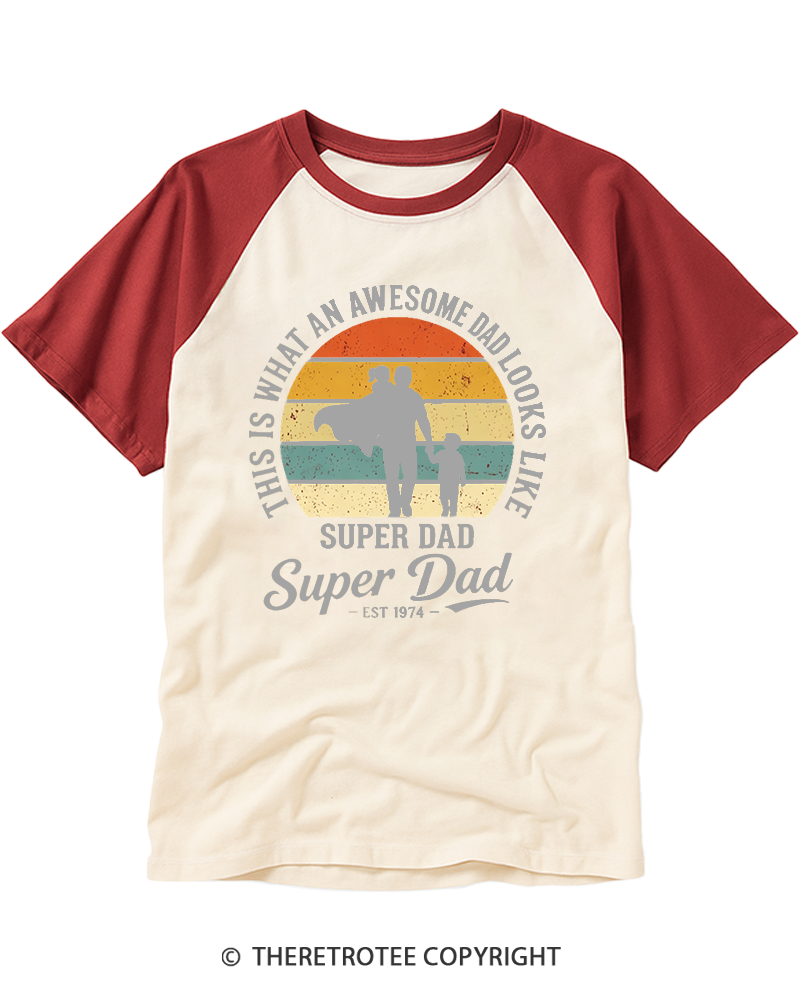 TheRetroTee Awesome Super Dad Est 1974 Retro Sunset Raglan Baseball T-Shirt