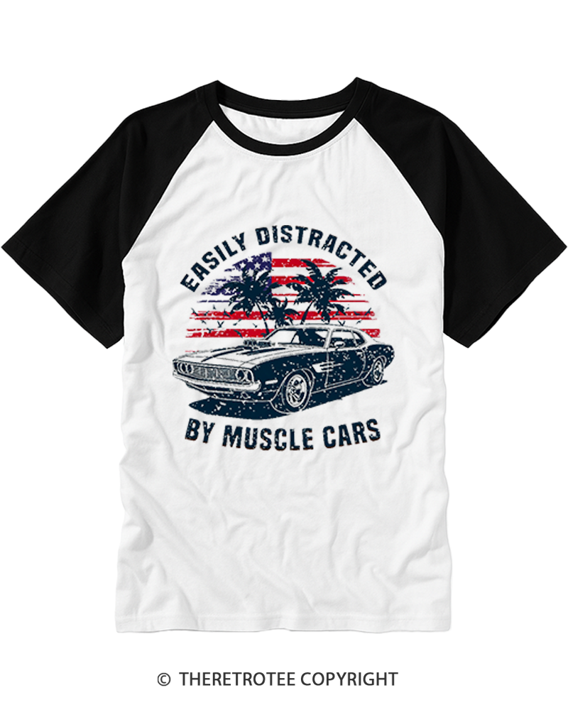 TheRetroTee Easily Distracted by Muscle Cars Raglan Baseball T-Shirt