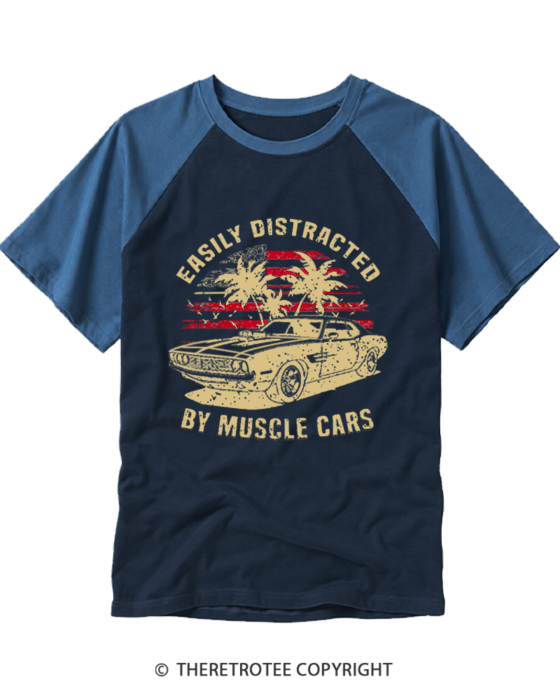 TheRetroTee Easily Distracted by Muscle Cars Raglan Baseball T-Shirt
