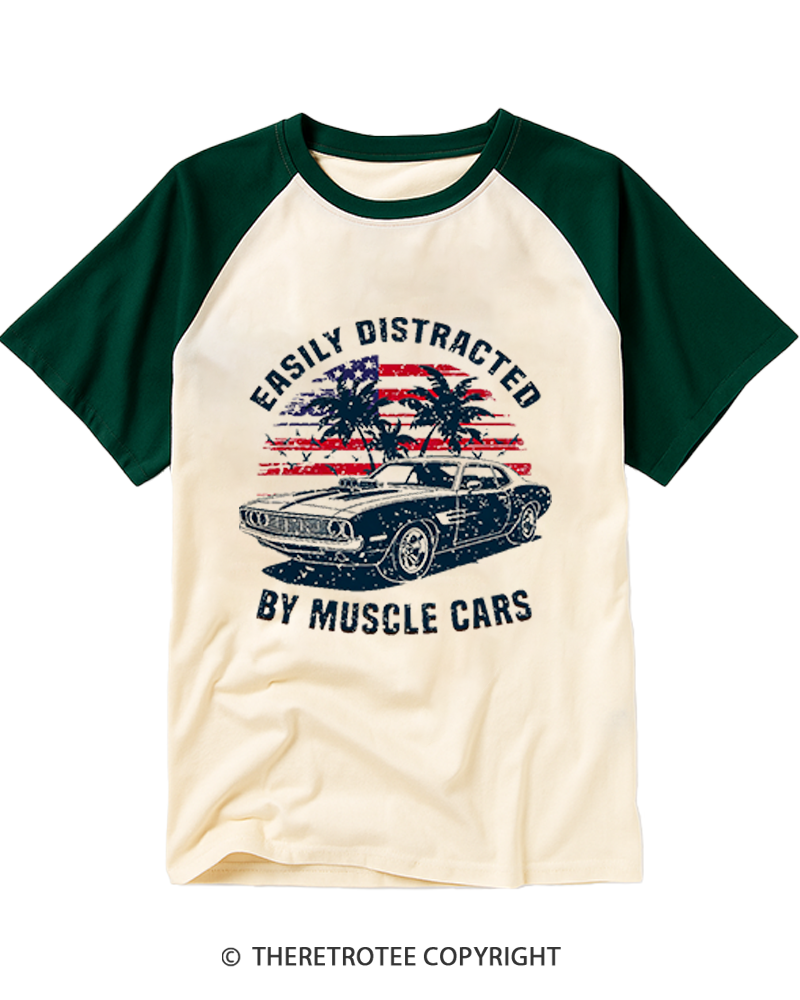 TheRetroTee Easily Distracted by Muscle Cars Raglan Baseball T-Shirt