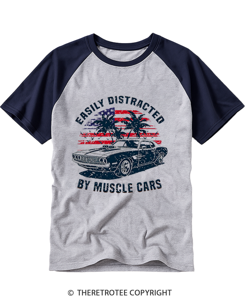 TheRetroTee Easily Distracted by Muscle Cars Raglan Baseball T-Shirt
