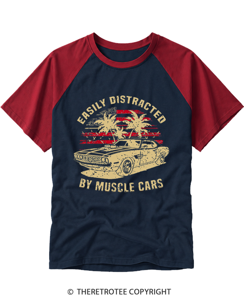 TheRetroTee Easily Distracted by Muscle Cars Raglan Baseball T-Shirt