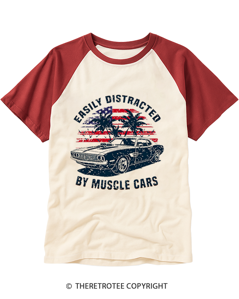 TheRetroTee Easily Distracted by Muscle Cars Raglan Baseball T-Shirt