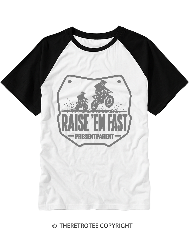TheRetroTee Raise 'Em Fast  Motorcycle Dad Raglan Baseball T-Shirt