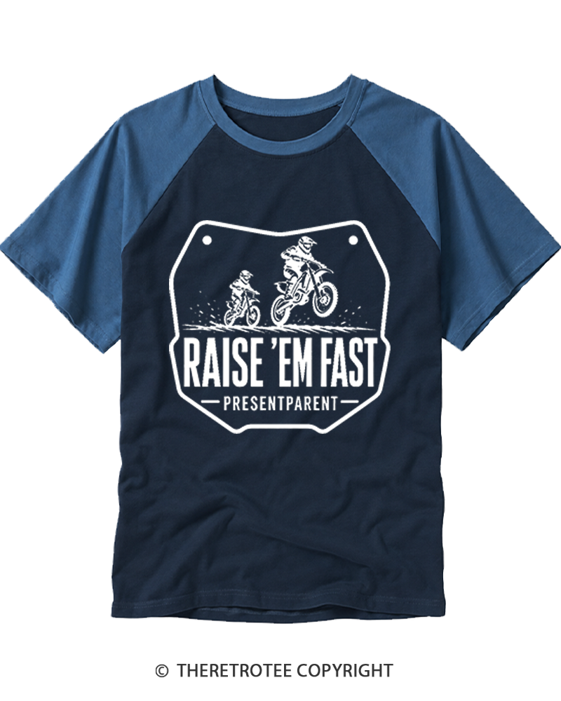 TheRetroTee Raise 'Em Fast  Motorcycle Dad Raglan Baseball T-Shirt