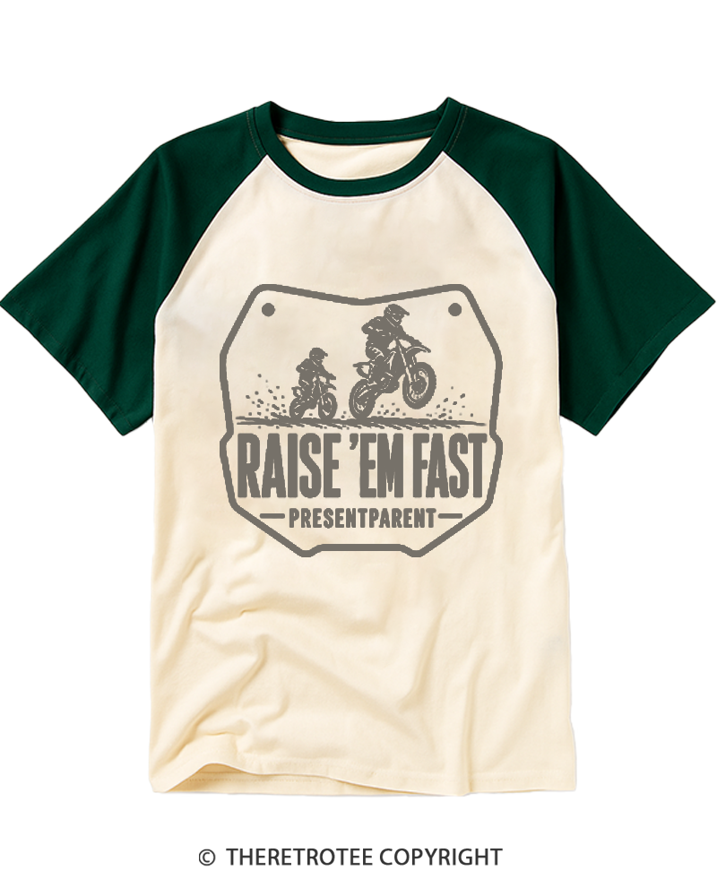 TheRetroTee Raise 'Em Fast  Motorcycle Dad Raglan Baseball T-Shirt