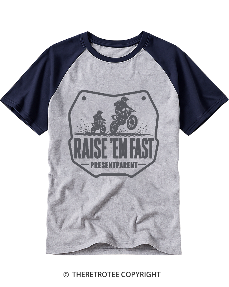 TheRetroTee Raise 'Em Fast  Motorcycle Dad Raglan Baseball T-Shirt