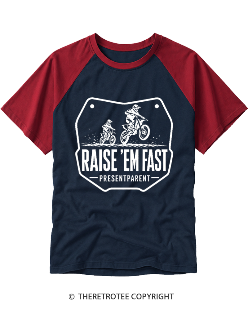 TheRetroTee Raise 'Em Fast  Motorcycle Dad Raglan Baseball T-Shirt