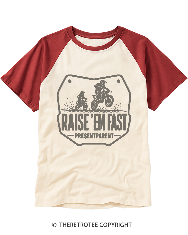 TheRetroTee Raise 'Em Fast  Motorcycle Dad Raglan Baseball T-Shirt