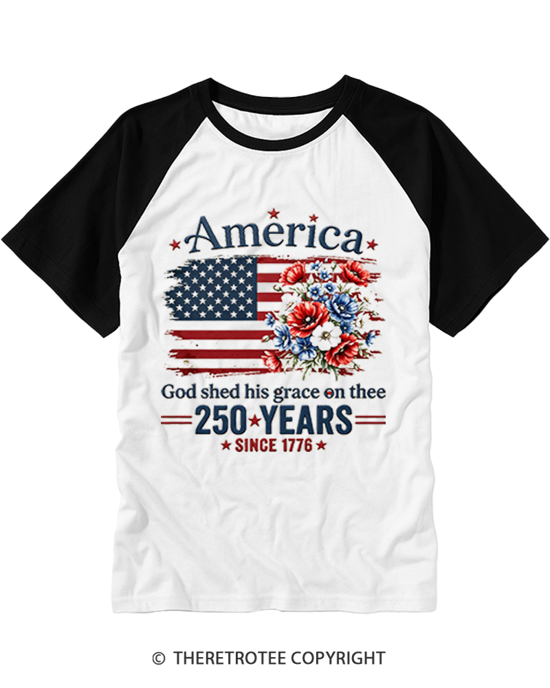TheRetroTee America 250 Years Flag Floral Raglan Baseball T-Shirt