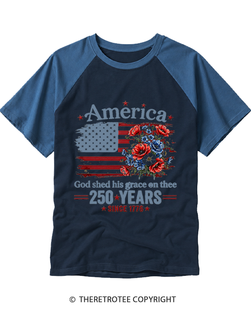 TheRetroTee America 250 Years Flag Floral Raglan Baseball T-Shirt