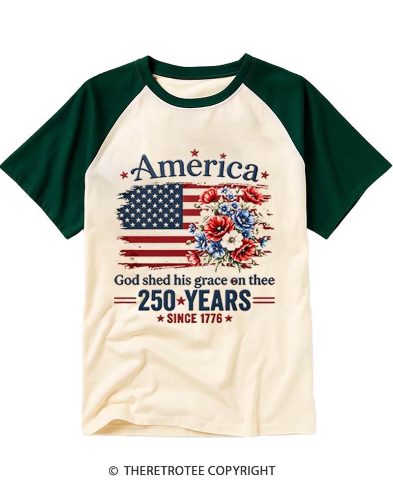 TheRetroTee America 250 Years Flag Floral Raglan Baseball T-Shirt