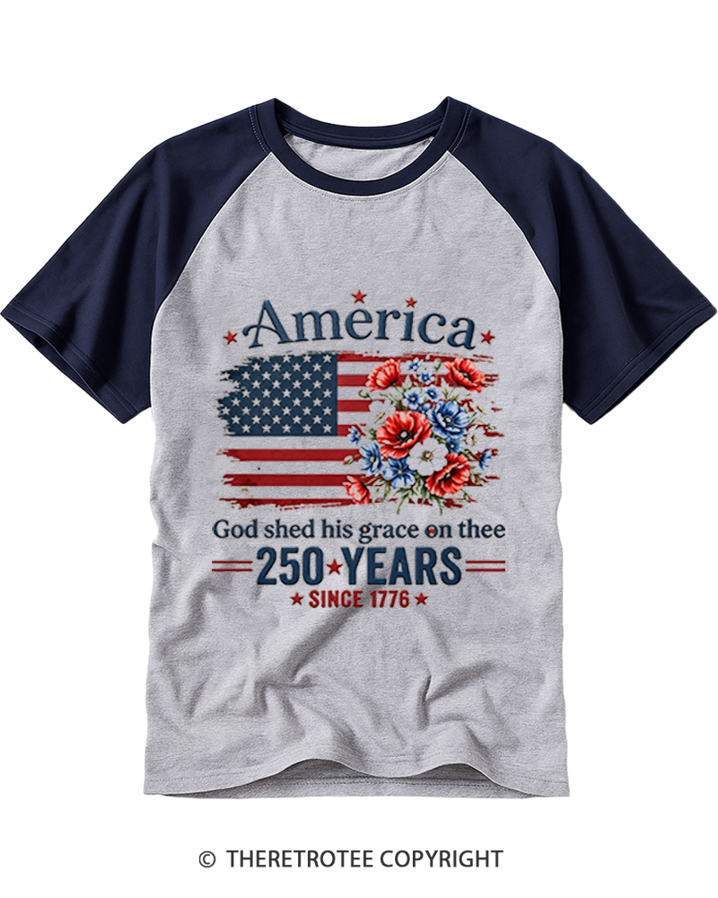 TheRetroTee America 250 Years Flag Floral Raglan Baseball T-Shirt