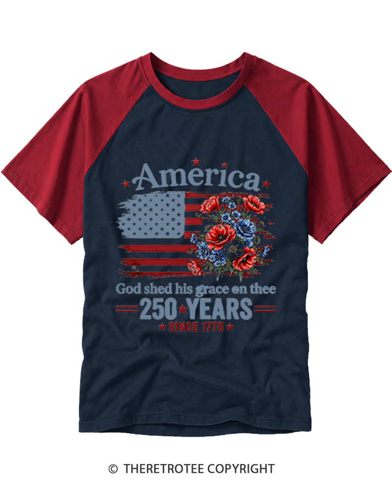 TheRetroTee America 250 Years Flag Floral Raglan Baseball T-Shirt