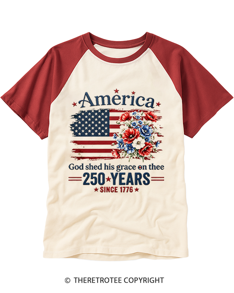 TheRetroTee America 250 Years Flag Floral Raglan Baseball T-Shirt