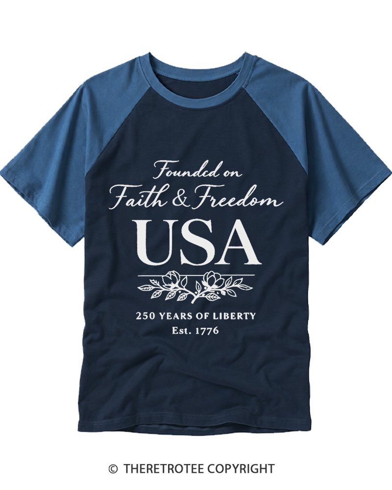 TheRetroTee Faith and Freedom USA Raglan Baseball T-Shirt