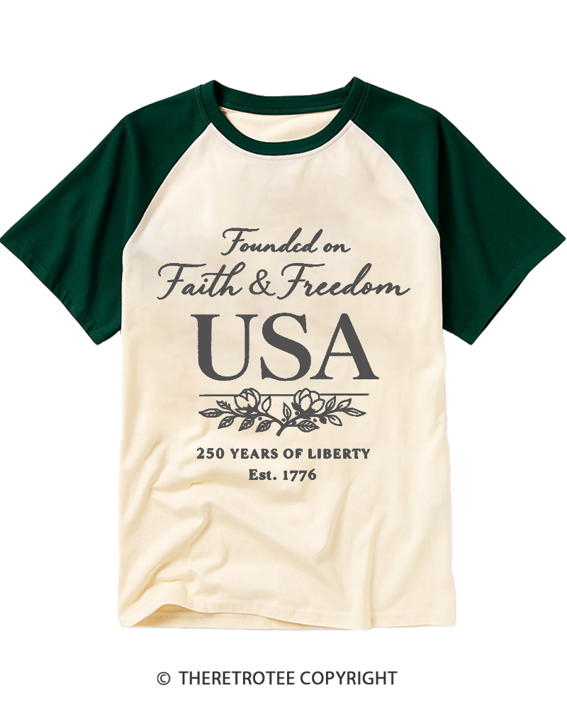 TheRetroTee Faith and Freedom USA Raglan Baseball T-Shirt