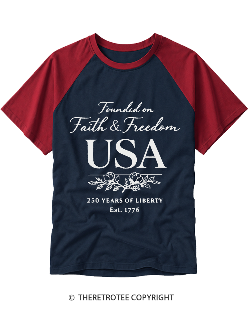 TheRetroTee Faith and Freedom USA Raglan Baseball T-Shirt