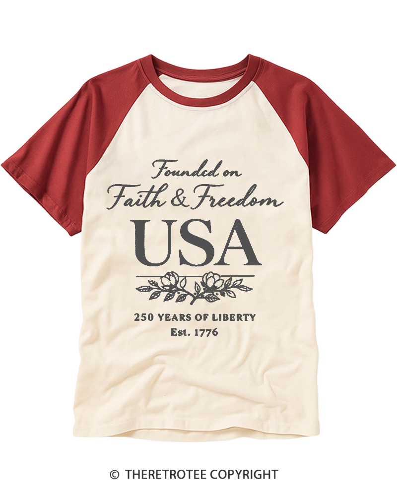 TheRetroTee Faith and Freedom USA Raglan Baseball T-Shirt