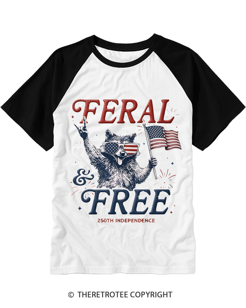 TheRetroTee Feral & Free Funny Raccoon Raglan Baseball T-Shirt