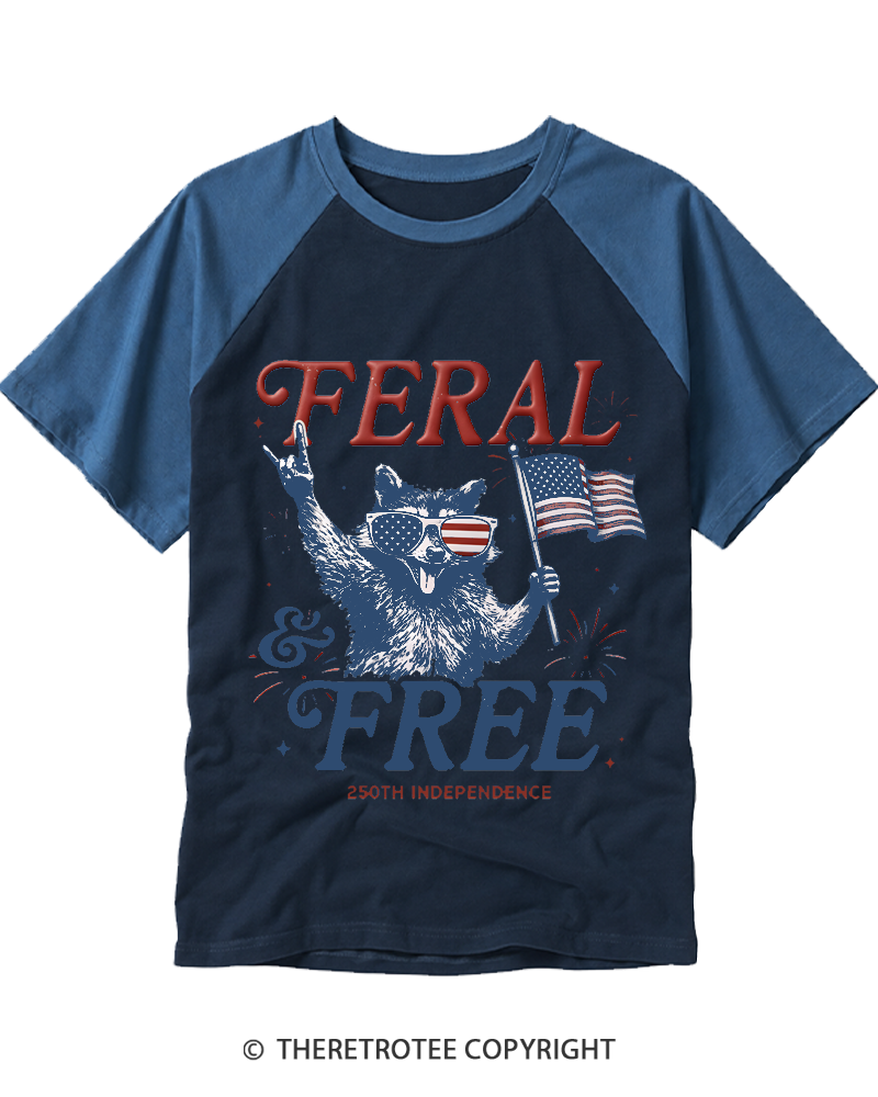 TheRetroTee Feral & Free Funny Raccoon Raglan Baseball T-Shirt