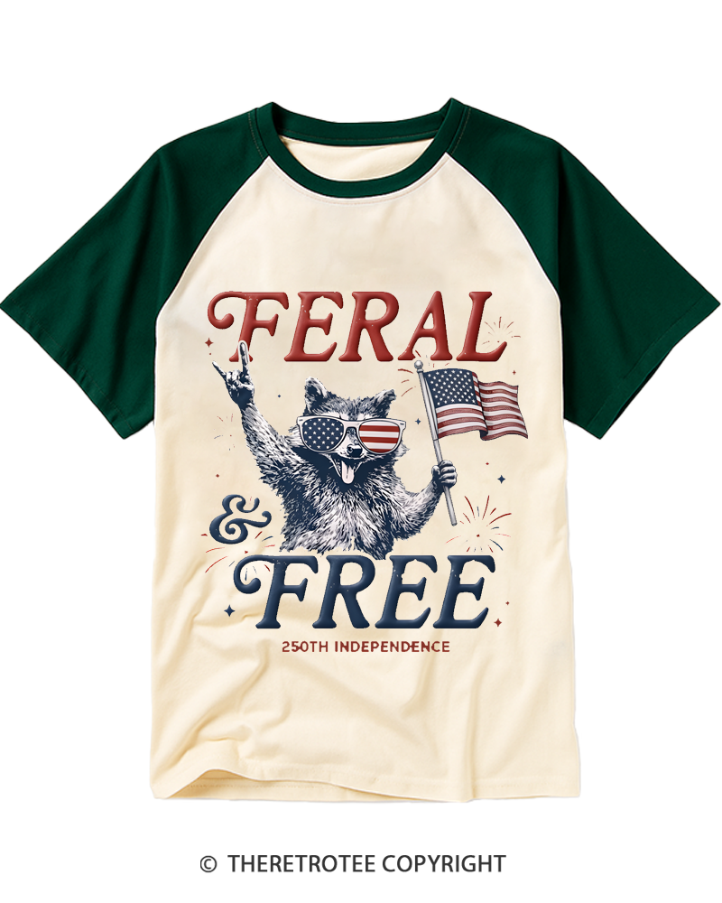 TheRetroTee Feral & Free Funny Raccoon Raglan Baseball T-Shirt