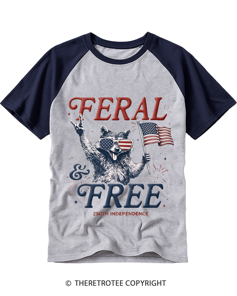 TheRetroTee Feral & Free Funny Raccoon Raglan Baseball T-Shirt