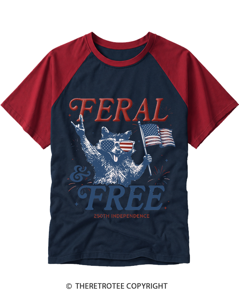 TheRetroTee Feral & Free Funny Raccoon Raglan Baseball T-Shirt