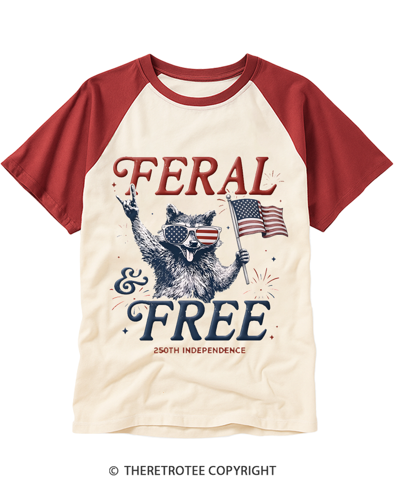 TheRetroTee Feral & Free Funny Raccoon Raglan Baseball T-Shirt