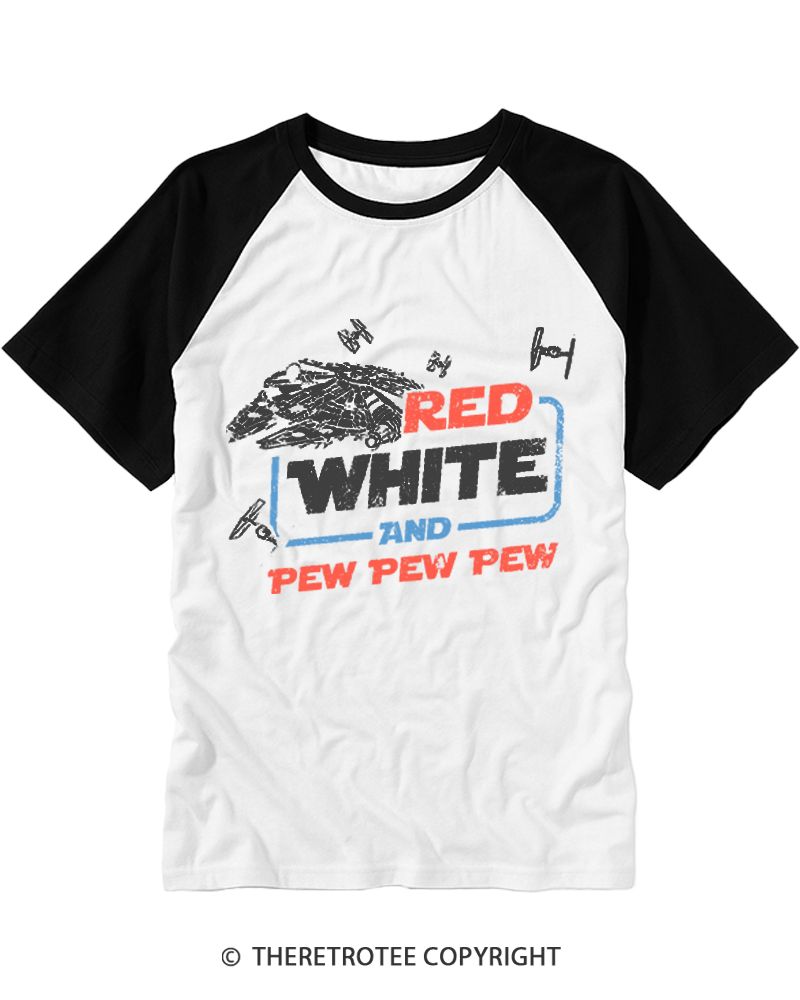 TheRetroTee Red White And Pew Pew Pew 1980s Raglan Baseball T-Shirt