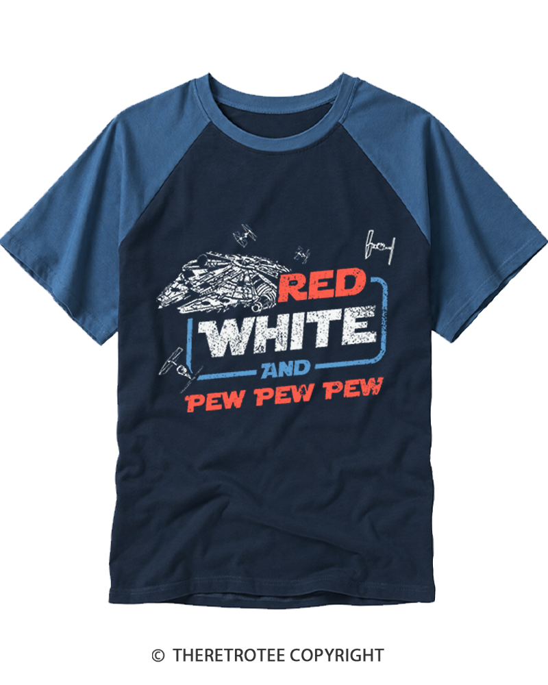 TheRetroTee Red White And Pew Pew Pew 1980s Raglan Baseball T-Shirt
